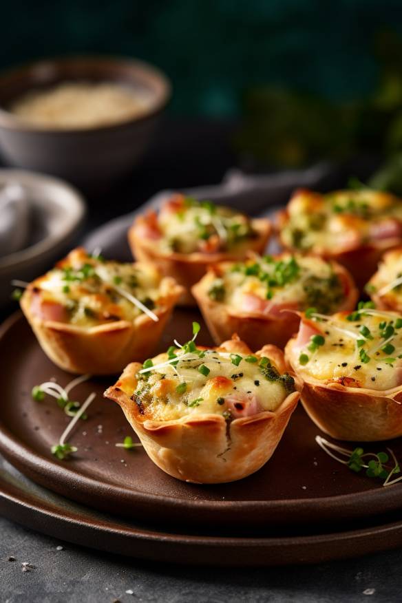 Mini-Quiches mit Schinken und Frühlingszwiebeln auf einem Teller