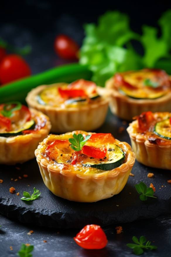 Mini-Quiches mit Paprika, Zucchini und Tomaten.