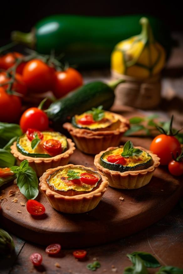 Mini-Quiches mit Paprika, Zucchini und Tomaten.