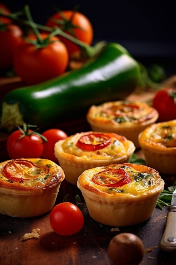 Mini-Quiches mit Paprika, Zucchini und Tomaten.