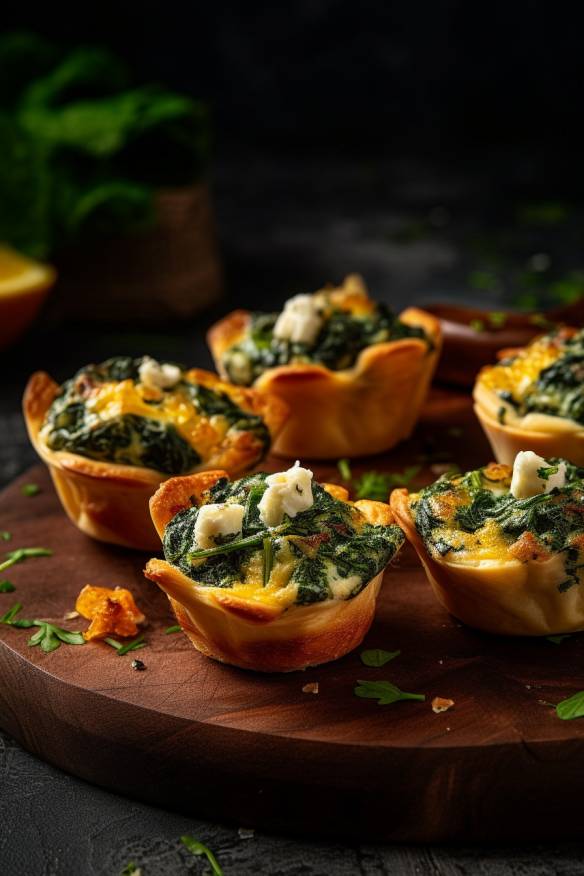 Mini-Quiches mit Spinat und Feta auf einem Teller