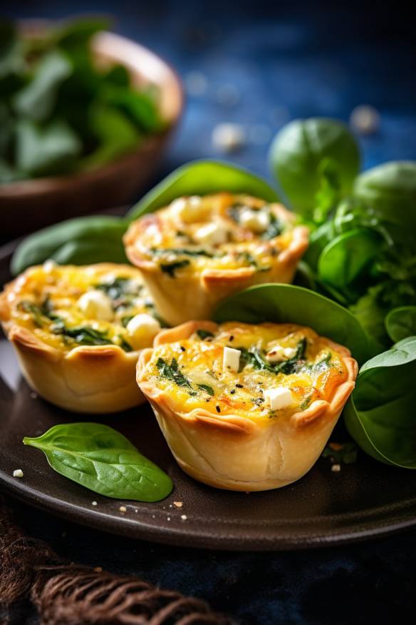 Mini-Quiches mit Spinat und Feta auf einem Teller