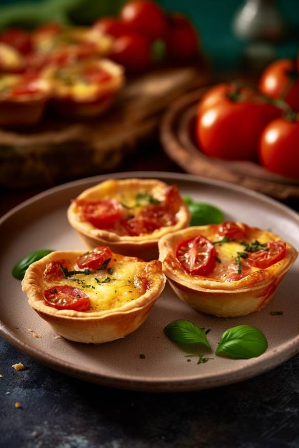 Mini Quiches mit Tomate und Mozzarella auf einem Teller