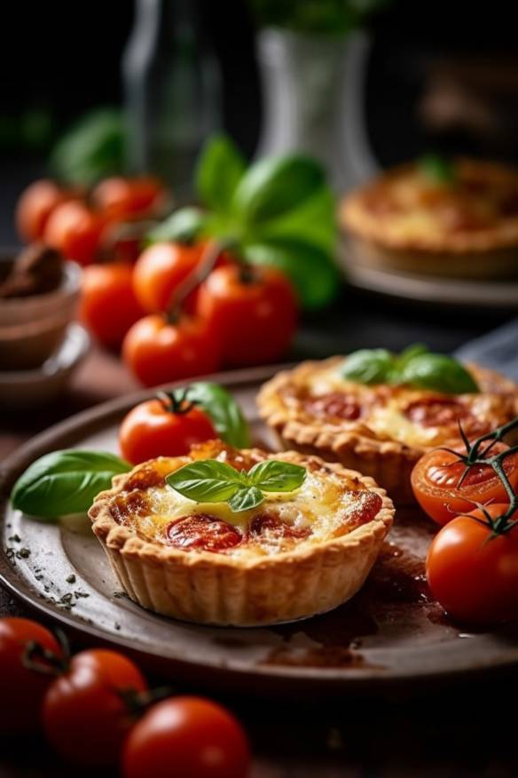 Mini Quiches mit Tomate und Mozzarella auf einem Teller