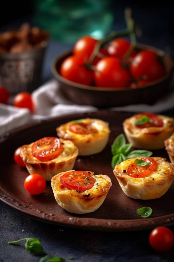 Mini Quiches mit Tomate und Mozzarella auf einem Teller