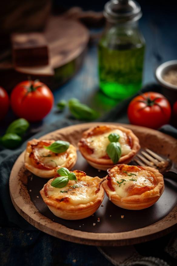 Mini Quiches mit Tomate und Mozzarella auf einem Teller