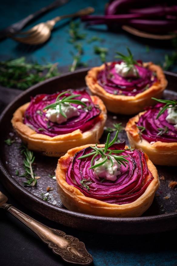 Mini-Rotkohl-Tartelettes mit Ziegenkäse.