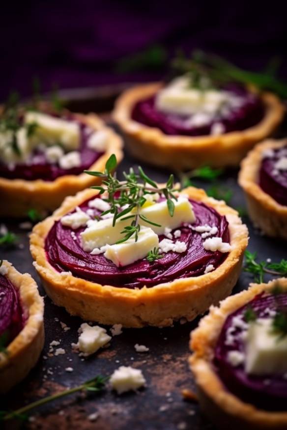 Mini-Rotkohl-Tartelettes mit Ziegenkäse.