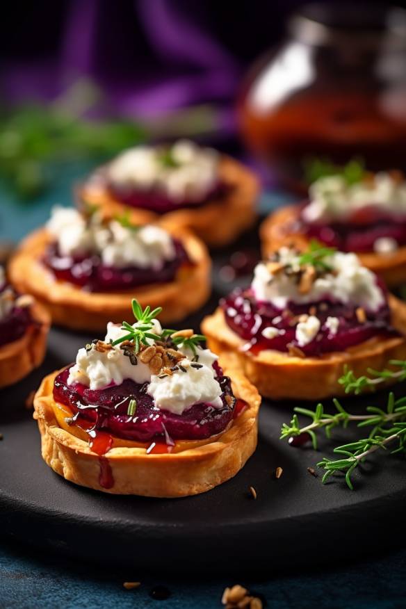 Mini-Rotkohl-Tartelettes mit Ziegenkäse.