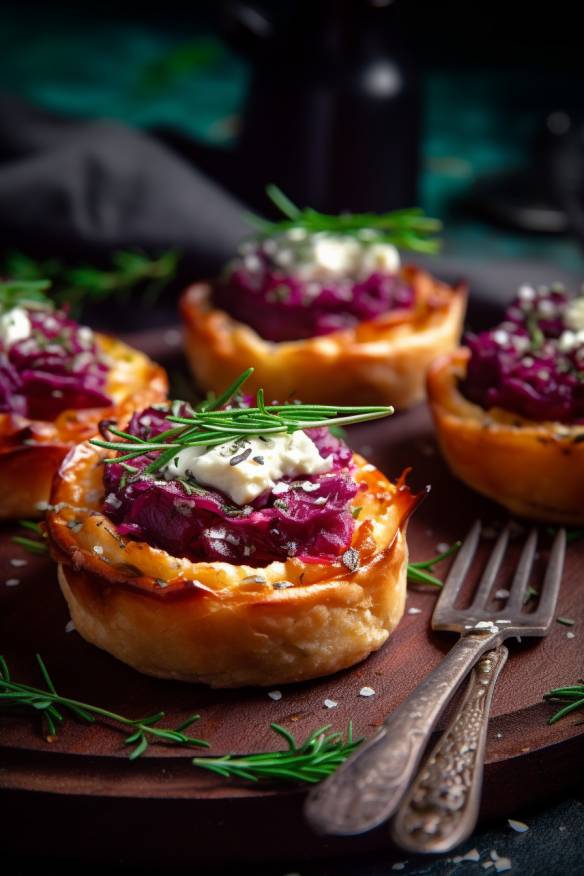 Mini-Rotkohl-Tartelettes mit Ziegenkäse.