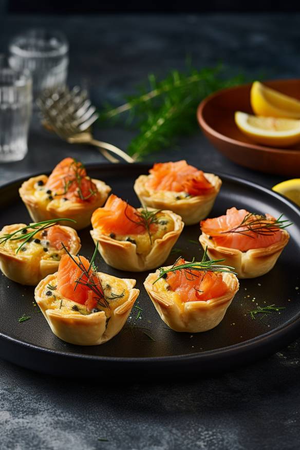 Mini-Lachs-Quiches auf einem Servierteller.