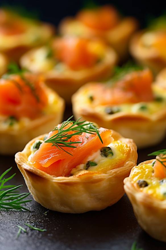 Mini-Lachs-Quiches auf einem Servierteller.