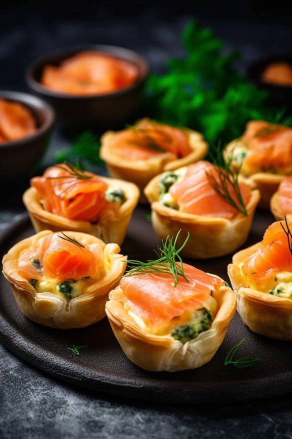 Mini-Lachs-Quiches auf einem Servierteller.