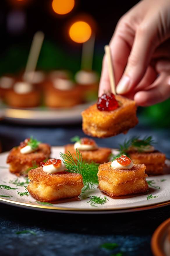 Mini-Schnitzel-Fingerfood auf einem Brett angerichtet.