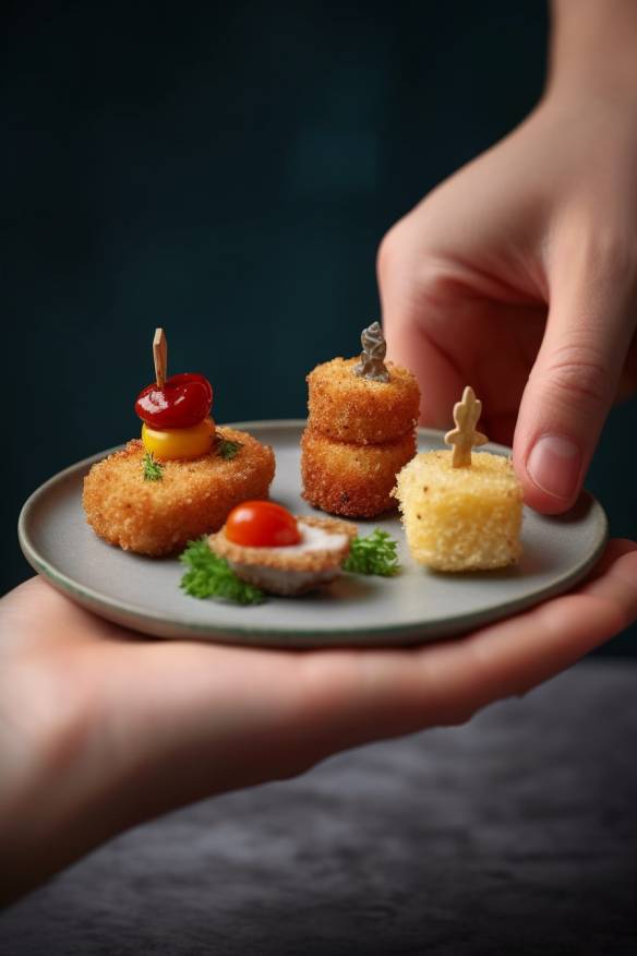 Mini-Schnitzel-Fingerfood auf einem Brett angerichtet.