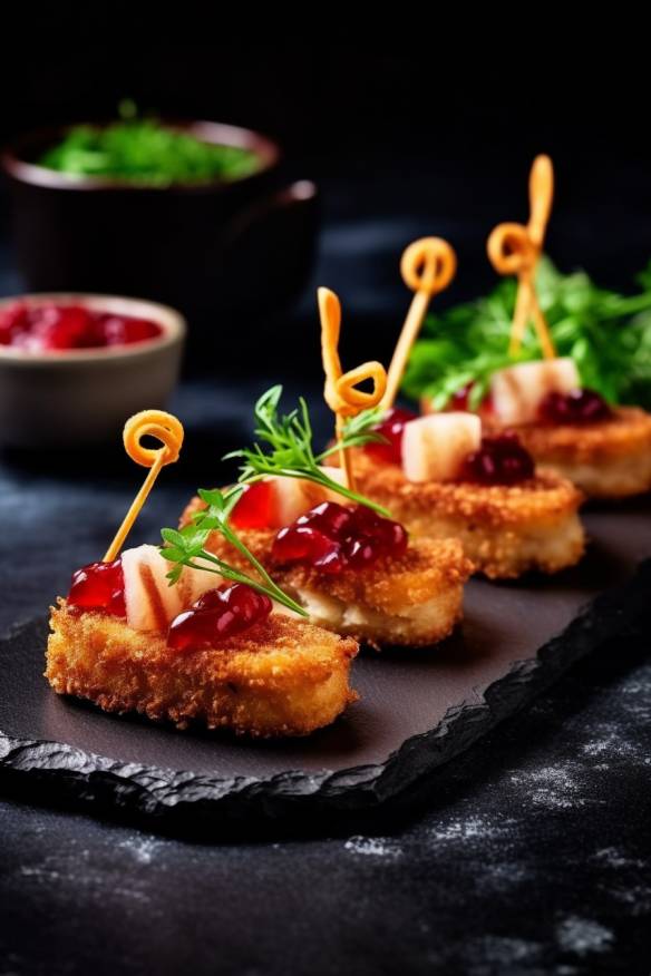 Mini-Schnitzel-Fingerfood auf einem Brett angerichtet.