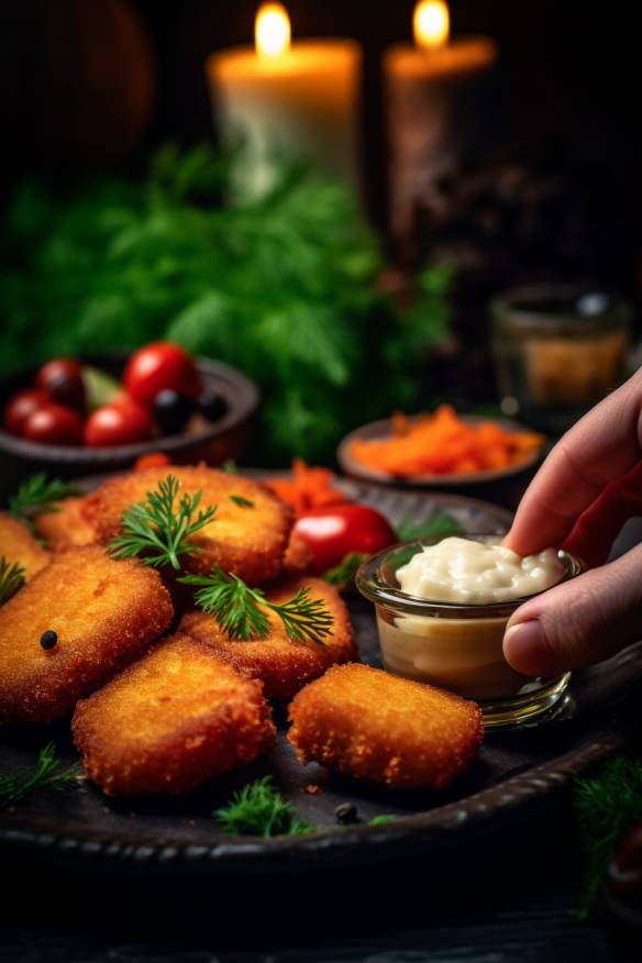 Mini-Schnitzel-Fingerfood auf einem Brett angerichtet.