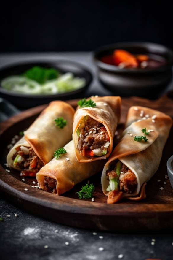 Mini-Frühlingsrollen mit Hackfleisch und Gemüse.