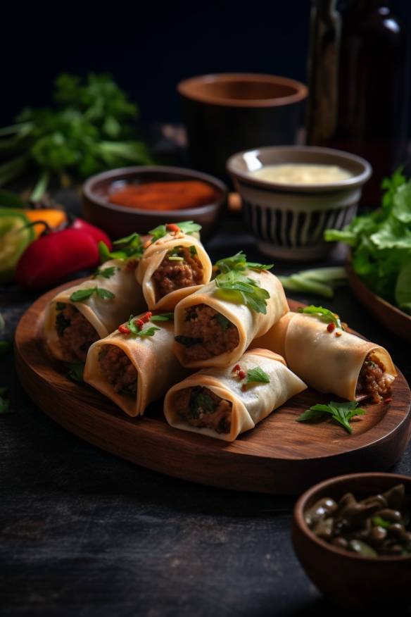 Mini-Frühlingsrollen mit Hackfleisch und Gemüse.