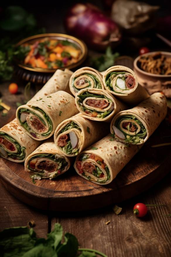 Mini-Wraps mit Gemüsefüllung auf einem Holzbrett