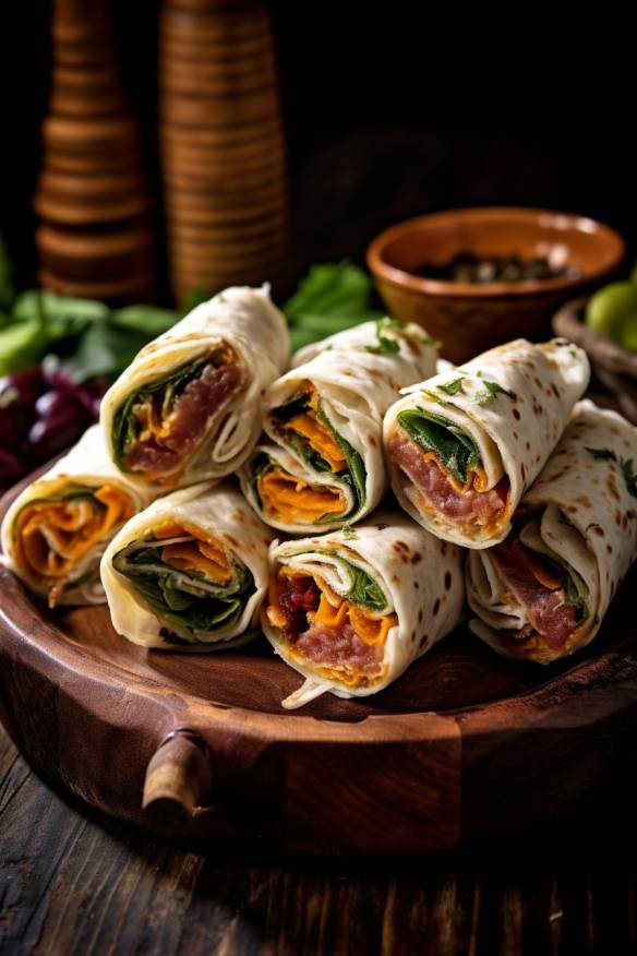 Mini-Wraps mit Gemüsefüllung auf einem Holzbrett