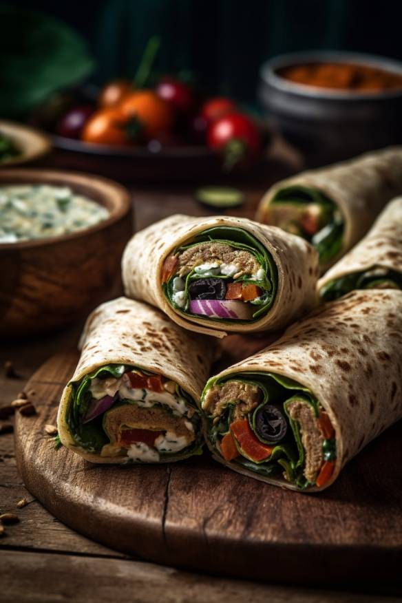 Mini-Wraps mit Gemüsefüllung auf einem Holzbrett