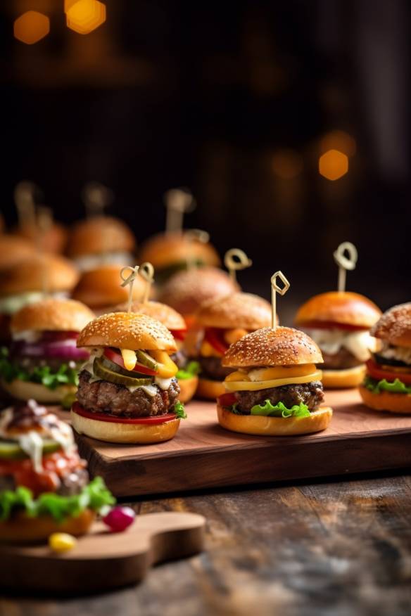 Mini-Burger auf einem Holzbrett angerichtet.