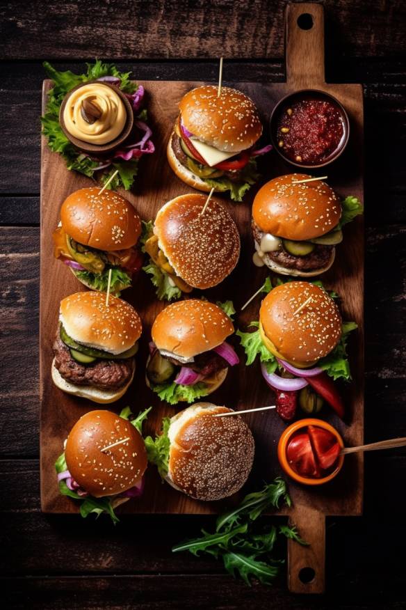 Mini-Burger auf einem Holzbrett angerichtet.