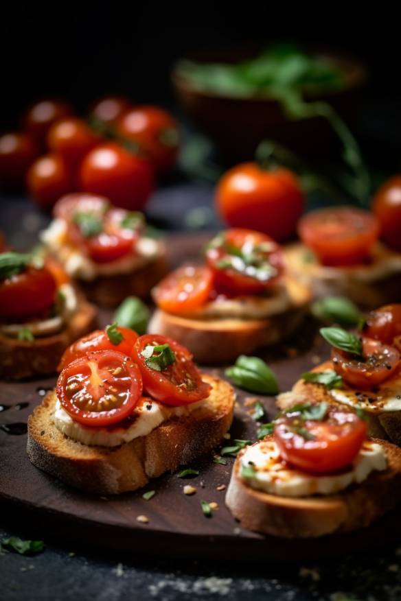 Knusprige Crostini mit Tomaten und Basilikum.