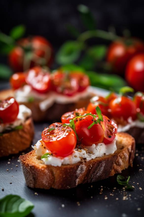 Knusprige Crostini mit Tomaten und Basilikum.