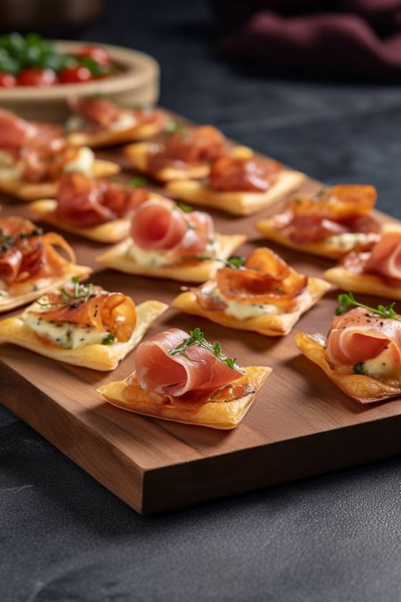 Mini-Flammkuchen-Fingerfood auf einem Serviertablett