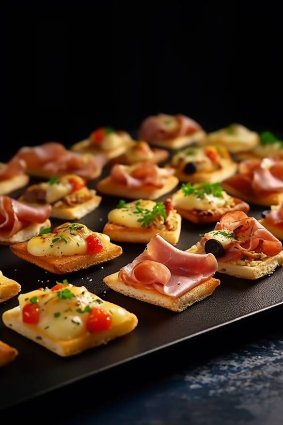 Mini-Flammkuchen-Fingerfood auf einem Serviertablett