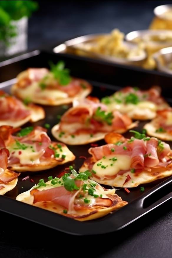 Mini-Flammkuchen-Fingerfood auf einem Serviertablett