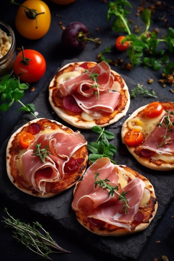 Mini-Pizzen mit Gemüse und Schinken.