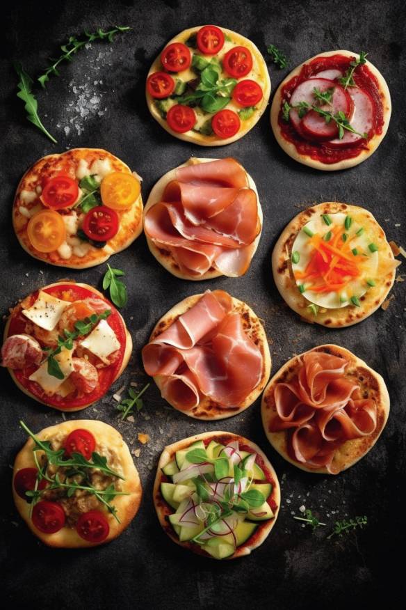 Mini-Pizzen mit Gemüse und Schinken.