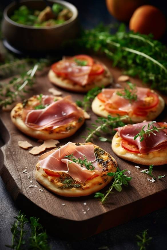 Mini-Pizzen mit Gemüse und Schinken.