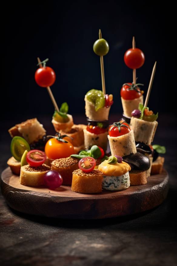 Modernes Fingerfood mit verschiedenen Snacks.