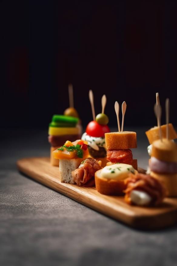 Modernes Fingerfood mit verschiedenen Snacks.