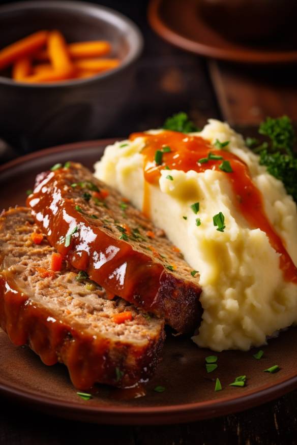 Muttis Hackbraten mit Kartoffelpüree und Gemüse