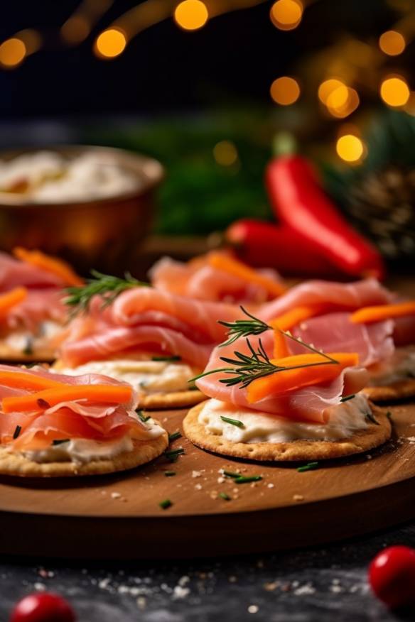 Silvester-Fingerfood mit Frischkäse, Schinken, Karotten und Paprika auf Crackern.