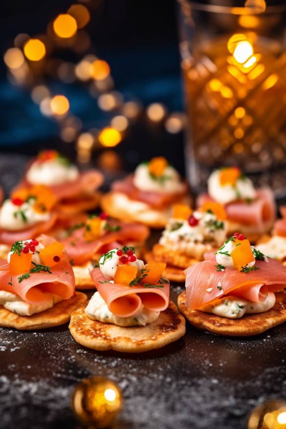 Silvester-Fingerfood mit Frischkäse, Schinken, Karotten und Paprika auf Crackern.