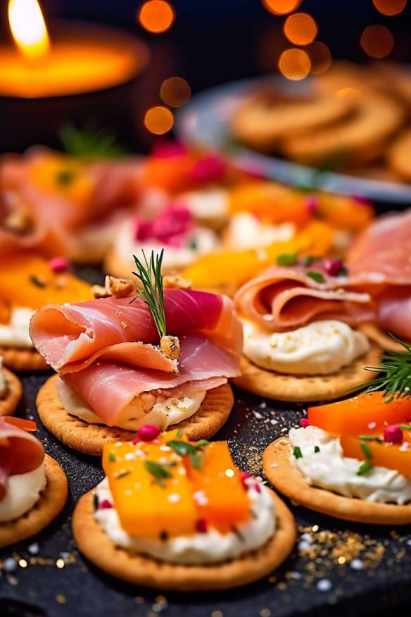 Silvester-Fingerfood mit Frischkäse, Schinken, Karotten und Paprika auf Crackern.