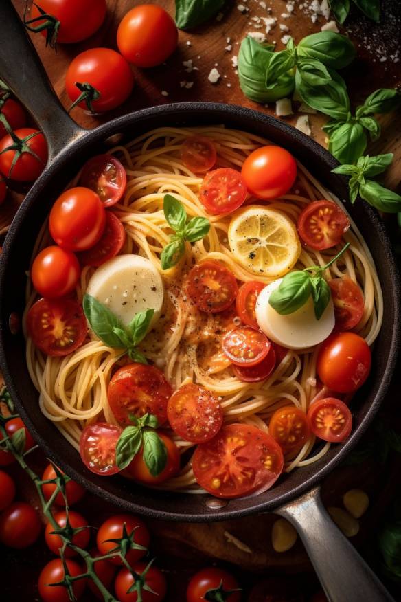 One-Pot-Pasta mit Tomaten und Mozzarella in einer Pfanne