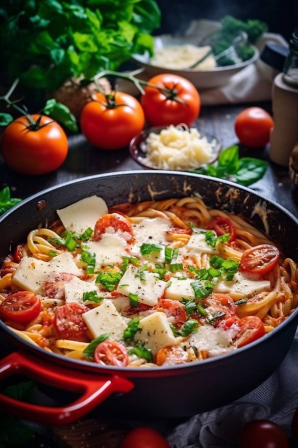 One-Pot-Pasta mit Tomaten und Mozzarella in einer Pfanne