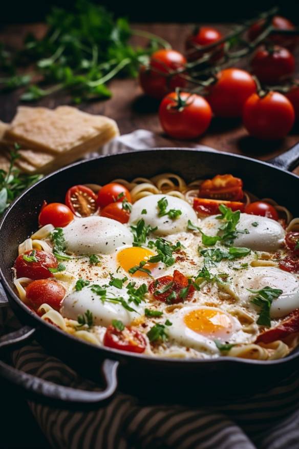 One-Pot-Pasta mit Tomaten und Mozzarella in einer Pfanne