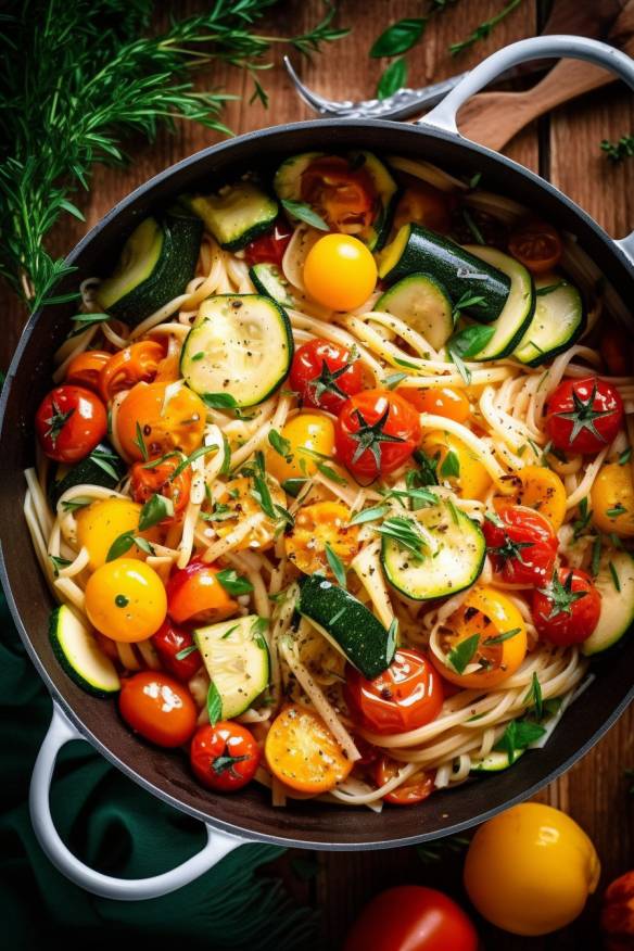 One-Pot-Pasta mit Tomaten, Zucchini und Paprika