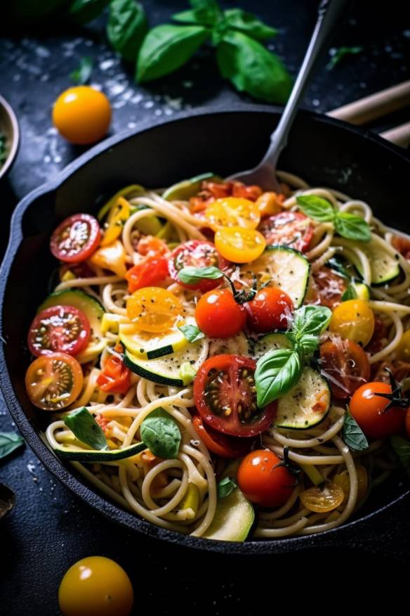 One-Pot-Pasta mit Tomaten, Zucchini und Paprika