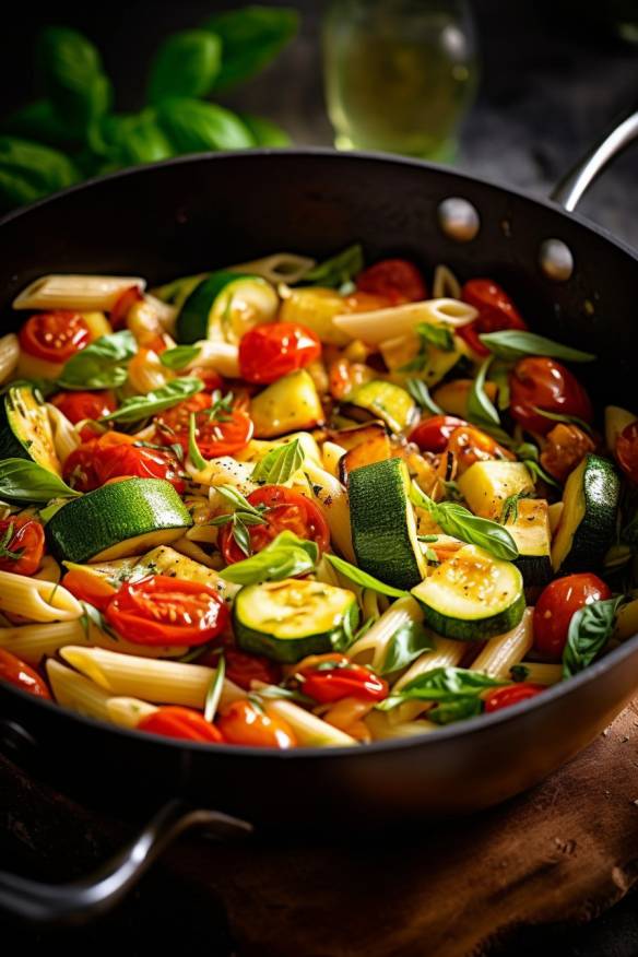 One-Pot-Pasta mit Tomaten, Zucchini und Paprika