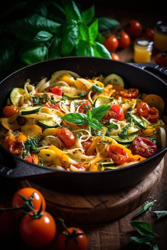 One-Pot-Pasta mit Tomaten, Zucchini und Paprika