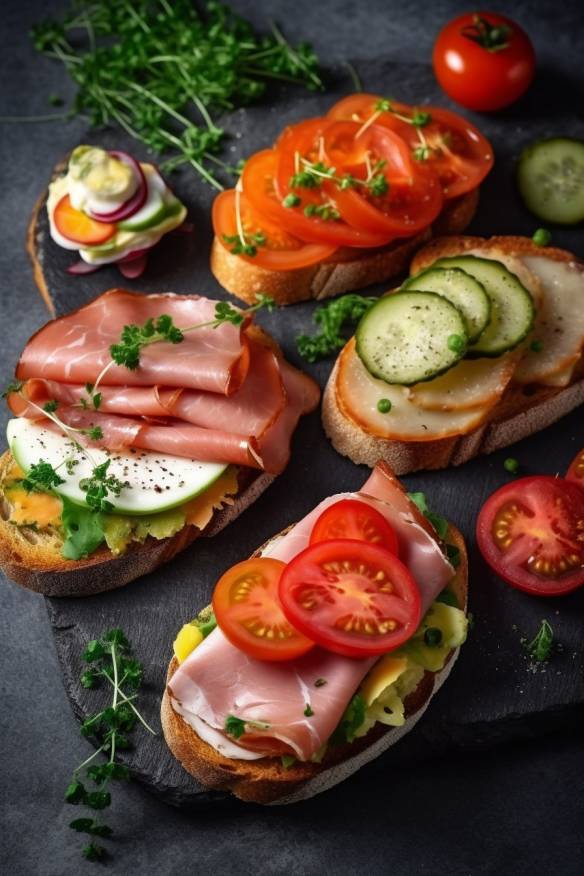 Belegte Brötchen mit Schinken, Käse und Gemüse.